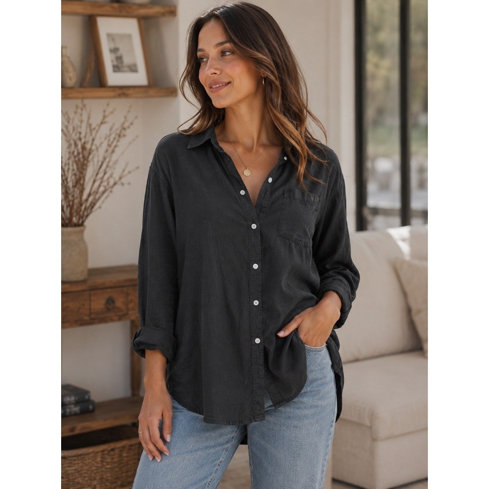 Aerie Lumberjackie Women's Small Black Linen Blend Oversized Longline Shirt - Picture 1 of 7